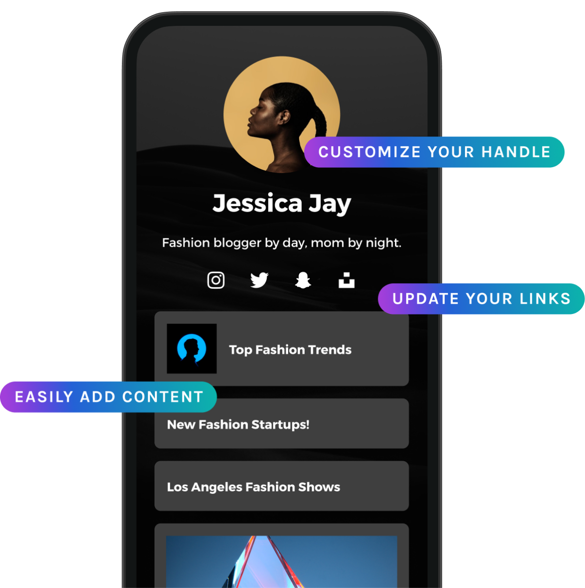 CUSTOMIZE YOUR HANDLE - UPDATE YOUR LINKS - EASILY ADD CONTENT