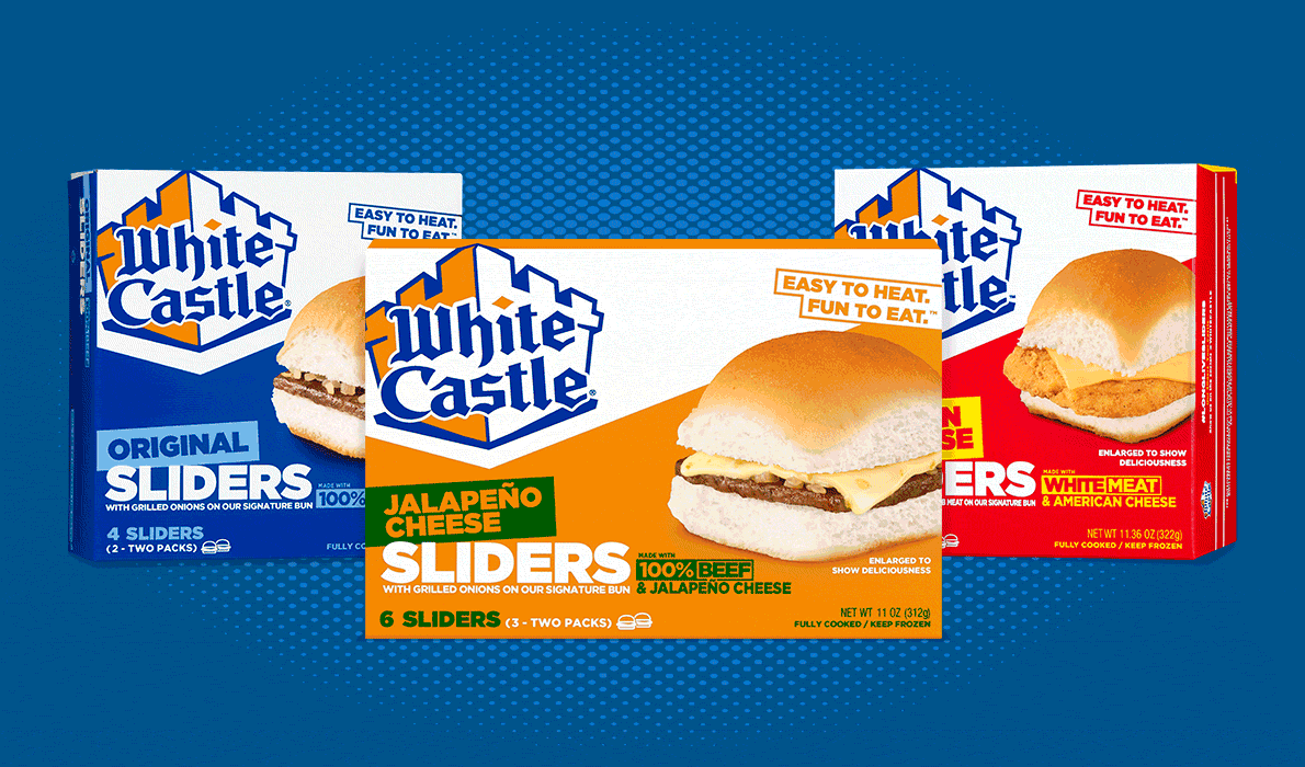 Gif of White Castle Chicken & Cheese, Original, and Jalapeño Cheese Sliders. Select this link to be redirected to find a retailer.