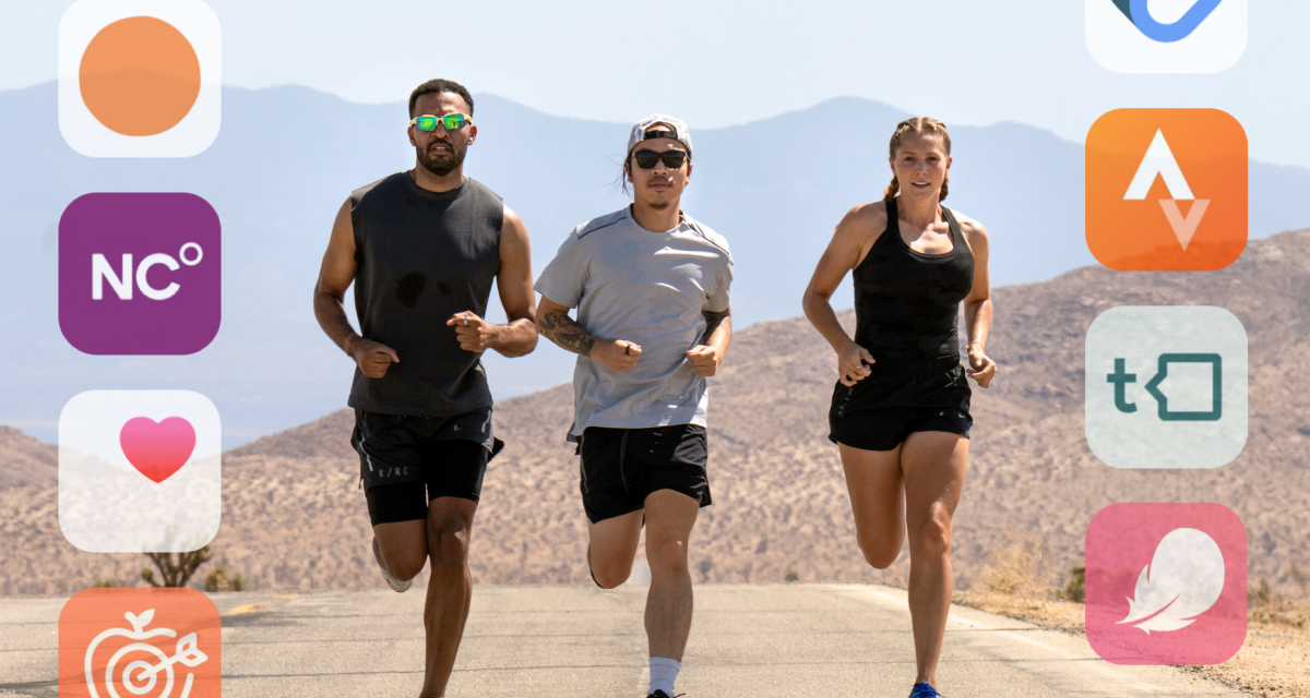 People running with app integrations logos around them
