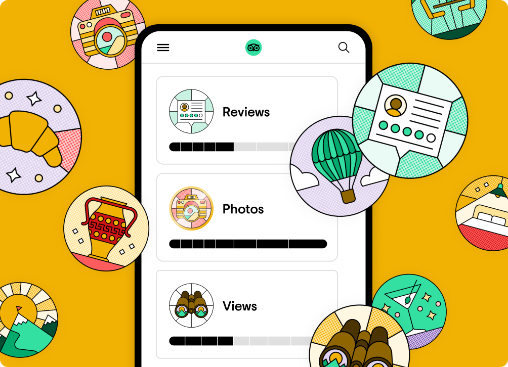 Image Description: Phone screen shows graphic of Achievements page with Reviews, Photos, and Views milestone badges. Colorful badges with different icons appear around the phone screen.