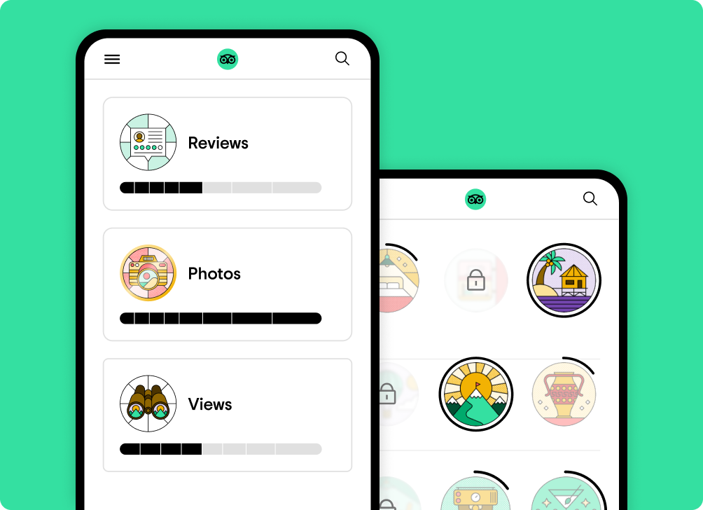 Image Description: Two phone screens showing a graphic-only version of the Achievements page. The left screen shows three milestones with badges and progress bars and the right screen shows rows of in-progress and earned badges for various categories.