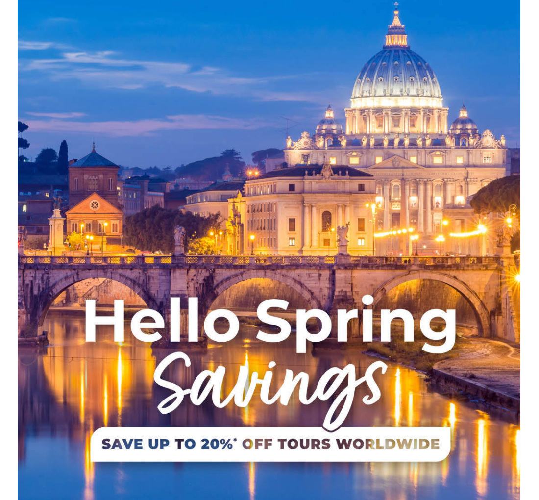 Image description: Duomo on water. Hello Spring savings. Up to 20% off tours worldwide 