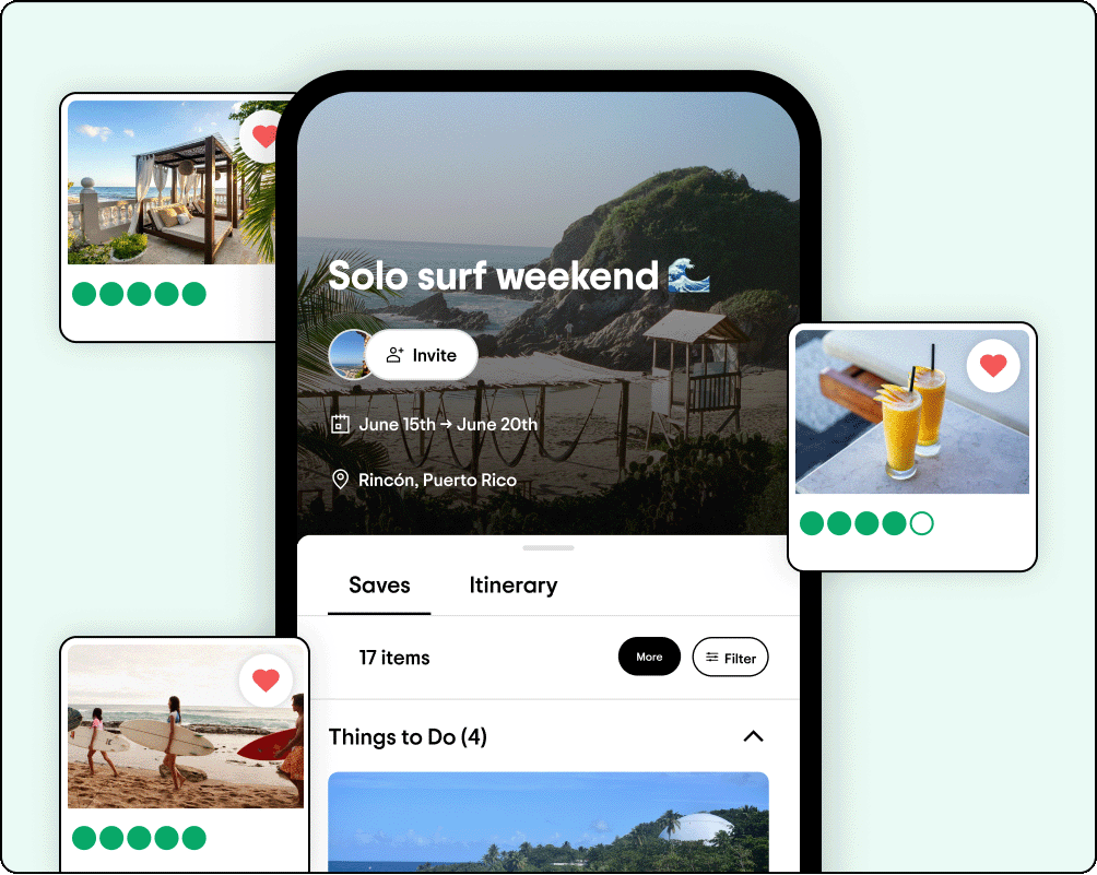Image Description: Phone screen shows an itinerary called 'Solo Surf Weekend' with a wave emoji. Photos appear around the phone screen showing items that have been saved. One photo shows a beachside cabana, another shows people on a beach with surfboards, and the third photo shows two tropical drinks. 