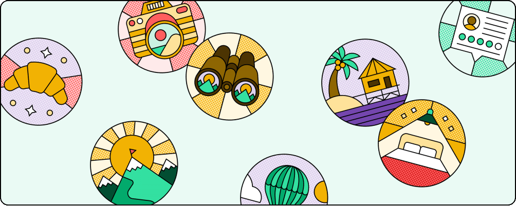 Image Description: Multiple colorful badges showing different interests like a camera, croissant, a mountain, and binoculars.