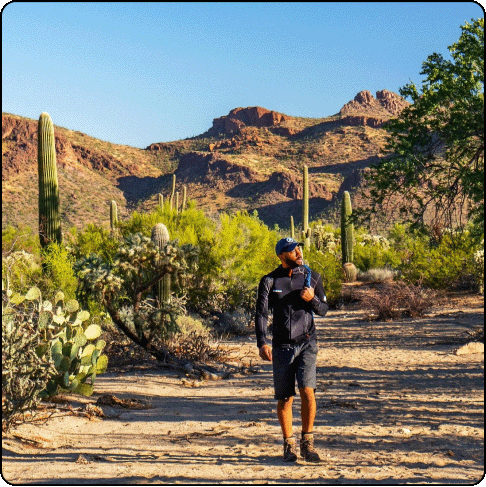 Image Description: A man on a trail in the desert surrounded by cacti with hills in the background.