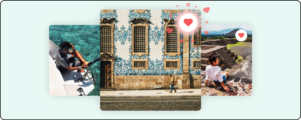 Image Description: Multiple photos with heart icon in the corner of each. The photo on the left shows a boy in a snorkel and flippers at the edge of a boat, the center photo shows an ornately-decorated building with a man walking by, the right photo shows a woman sitting on a ledge with Maya ruins in the background.