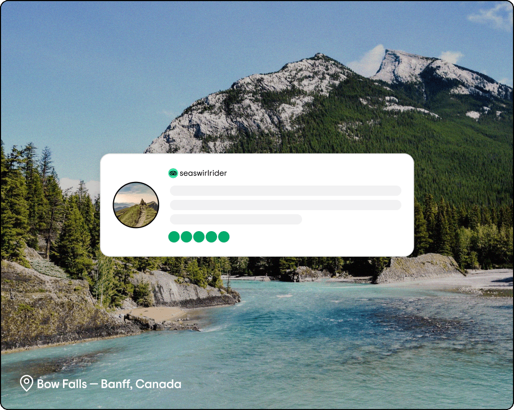 Image Description: Snow-capped mountain with ice-blue water below. Review graphic overlaid with a five bubble rating. Map pin icon in the corner reads: 'Bow Falls- Banff, Canada'.