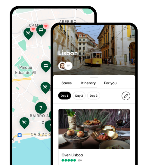 Image Description: Two phone screens show an itinerary for Lisbon with a map of saved spots.