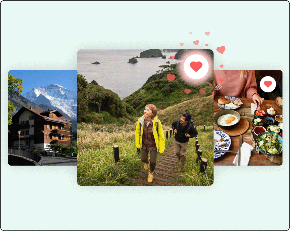 Image Description: A carousel of three photos shows a man and woman on a hike in the center, with a resort in the mountains to the left and a breakfast mezze spread on the right. There are heart icons in the corner of each photo.