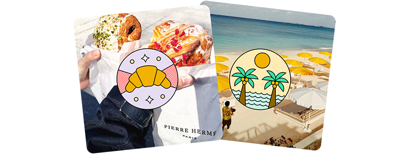 Image Description: An image of a person holding two pastries and a beach with umbrellas. An illustration of a croissant and two palm trees are on the images. 