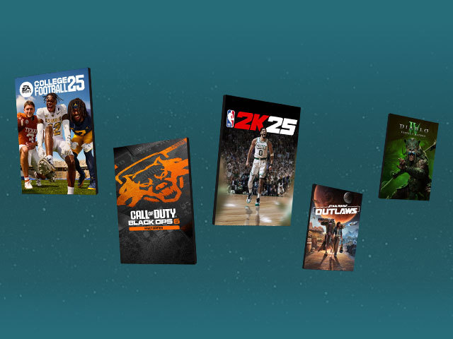 Box art for several games including Call of Duty: Black Ops 6, NBA 2K25 and Star Wars Outlaws.