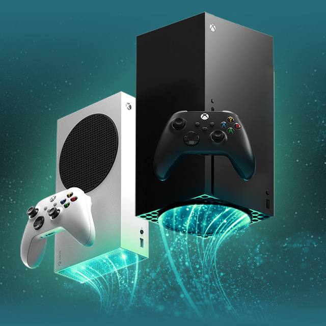 A pair of Xbox Series X|S consoles with compatible controllers surrounded by glowing motion lines in front of a blue galaxy in the background.