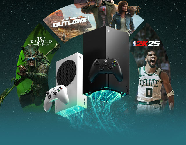 A pair of Xbox Series X|S consoles with compatible controllers beneath an arch of key art for Diablo IV: Vessel of Hatred, Star Wars Outlaws and NBA 2K25.
