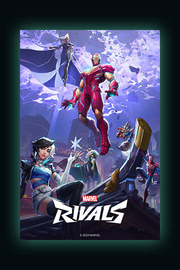 Art for Marvel Rivals featuring Loki, Storm, Ironman, Spiderman and other characters on a rooftop.