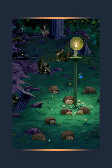 Key art for Animal Well featuring woodland critters gathering around a single candlelight.