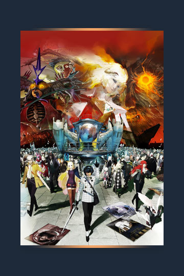 Key art for Metaphor: ReFantazio featuring the protagonist and other key characters leading a massive crowd as Louis looms in the background.