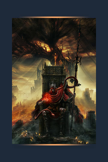 Key art for Elden Ring: Shadow of the Erdtree featuring Messmer the Impaler sitting on a throne with the Land of Shadow in the background.