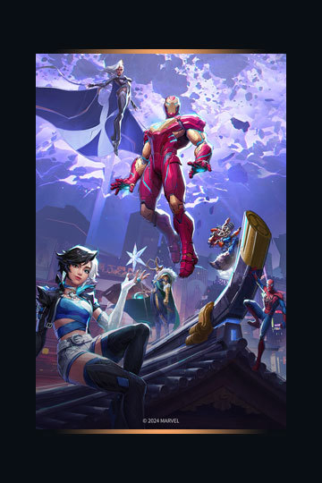 Key art for Marvel Rivals featuring Iron Man and other notable Marvel heroes and villains gathered on and above a temple roof.