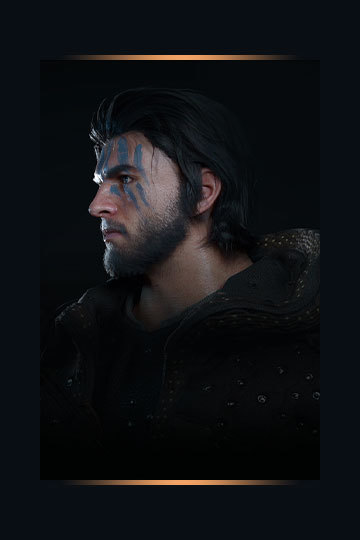 Key art for Crimson Desert featuring Kliff with blue paint on his face.