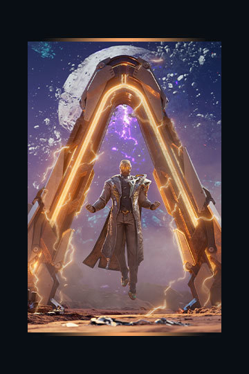 Key art for Borderlands 4 featuring a character floating off the ground underneath a gate crackling with power.