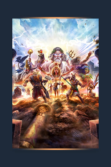 Key art for Age of Mythology: Retold featuring gods and monsters from many pantheons rushing to battle.