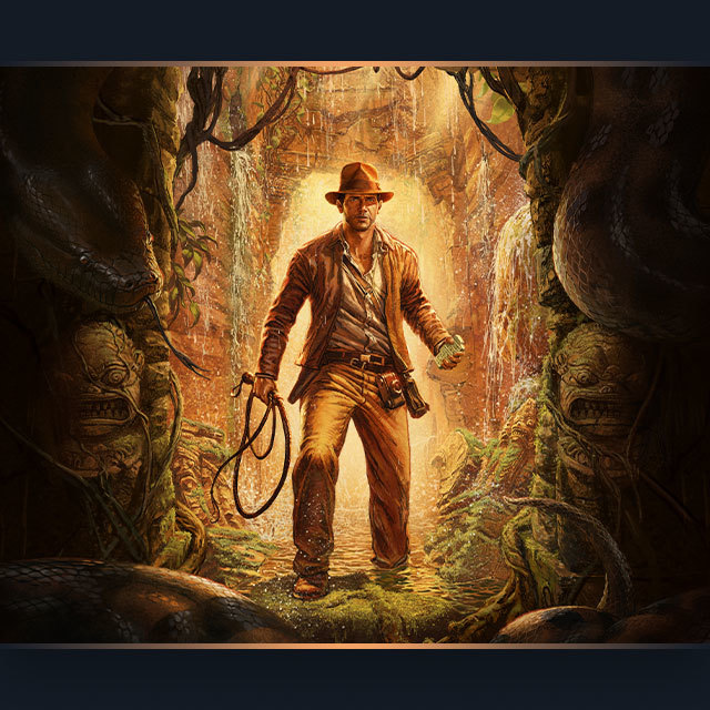 Key art for Indiana Jones and the Great Circle™ featuring Indy setting foot into an overgrown temple.