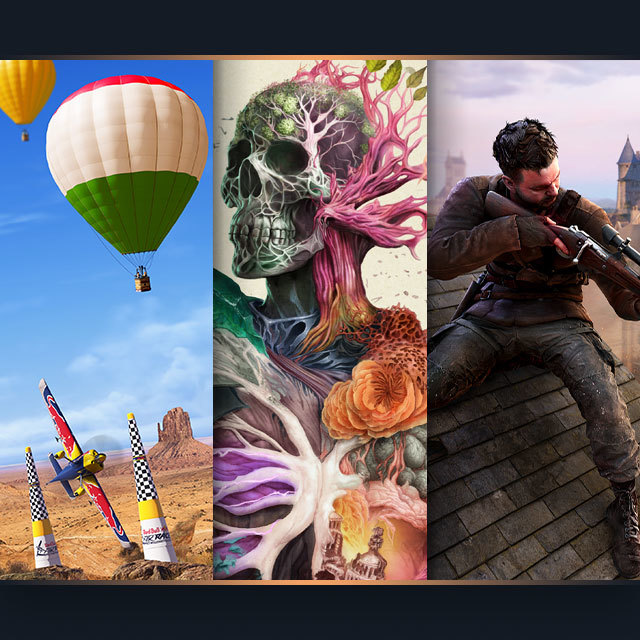 Three vertical bars showing key art from Microsoft Flight Simulator 2024, Avowed, and Sniper Elite: Resistance.