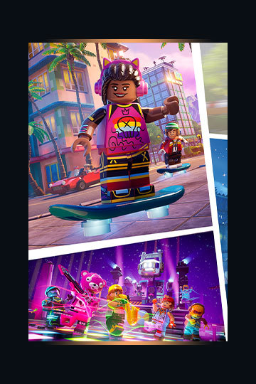 Key art for LEGO® Fortnite Brick Life featuring LEGO characters exploring a city on hoverboards and playing in a band.