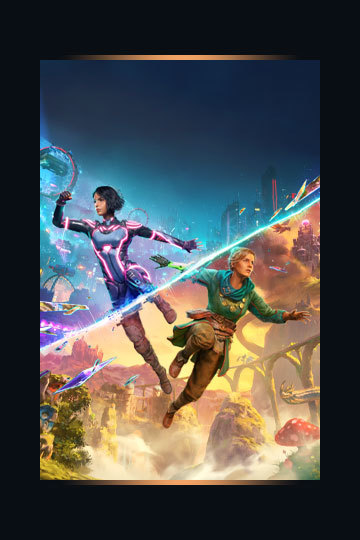 Key art for Split Fiction featuring the two main characters in their respective worlds.