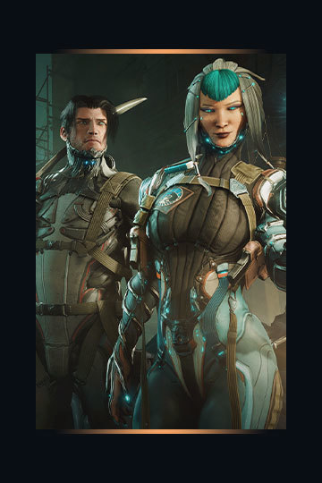 Key art for Warframe 1999 featuring Arthur and Aoi.