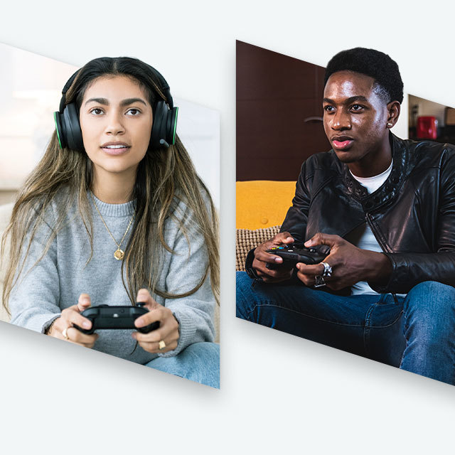Two gamers playing Xbox from different locations.