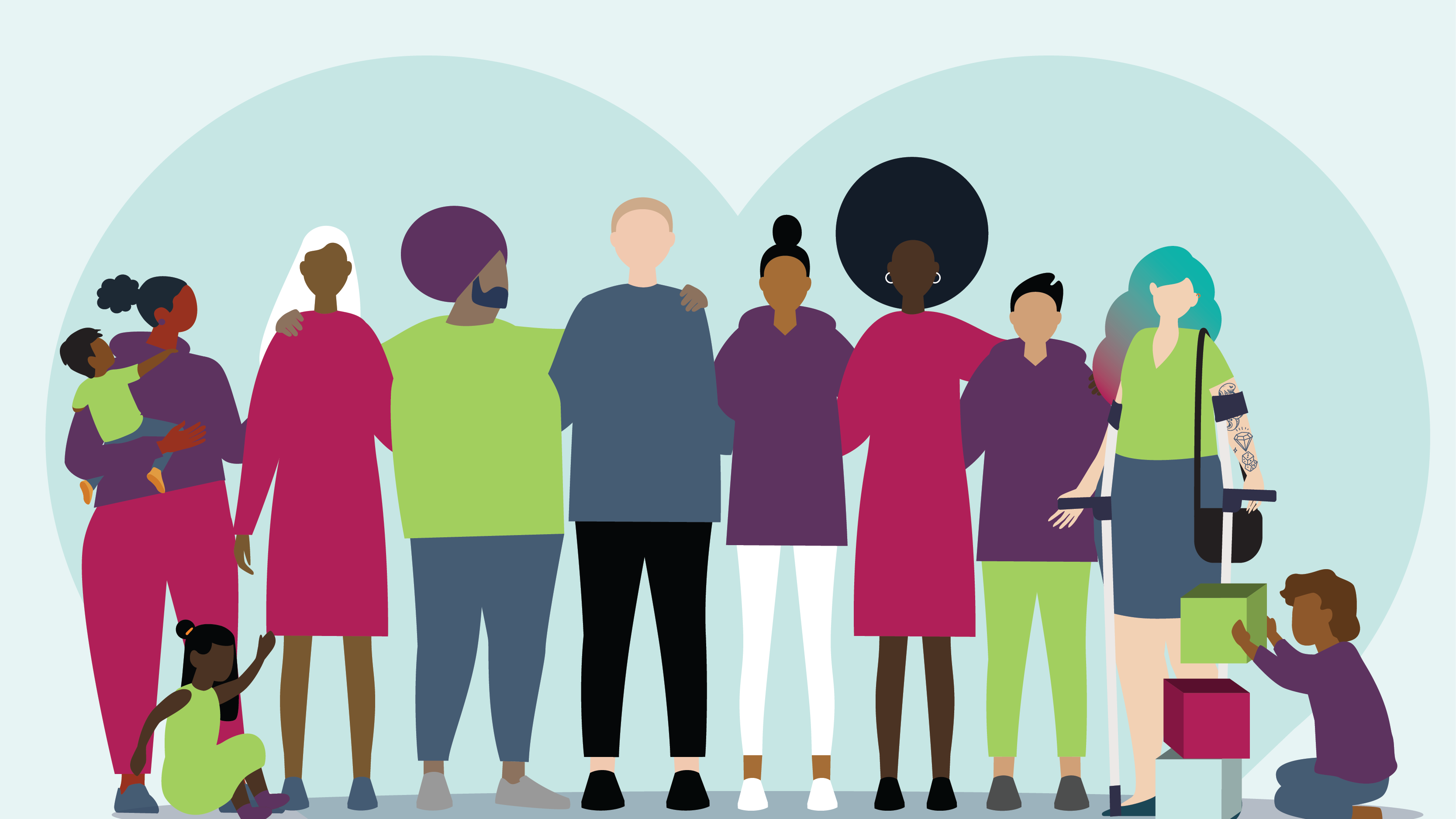 group of illustrated people standing in front of an abstracted heart