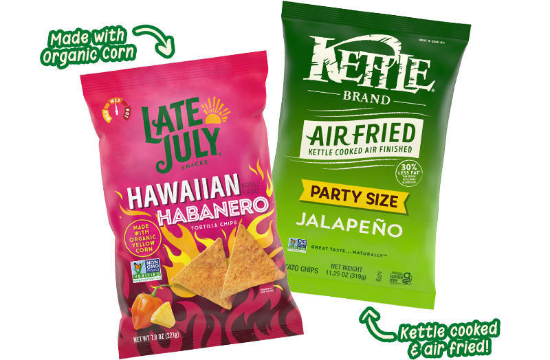Late July Hawaiian Habanero Corn Tortilla Chips and Kettle Brand Air Fried Jalapeno Kettle Chips