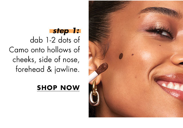 Step 1: dab 1-2 dots onto hollows of cheeks, side of nose, forehead & jawline