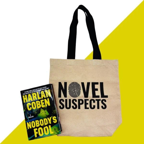 Novel Suspects tote bag and Nobody's Fool hardcover book.