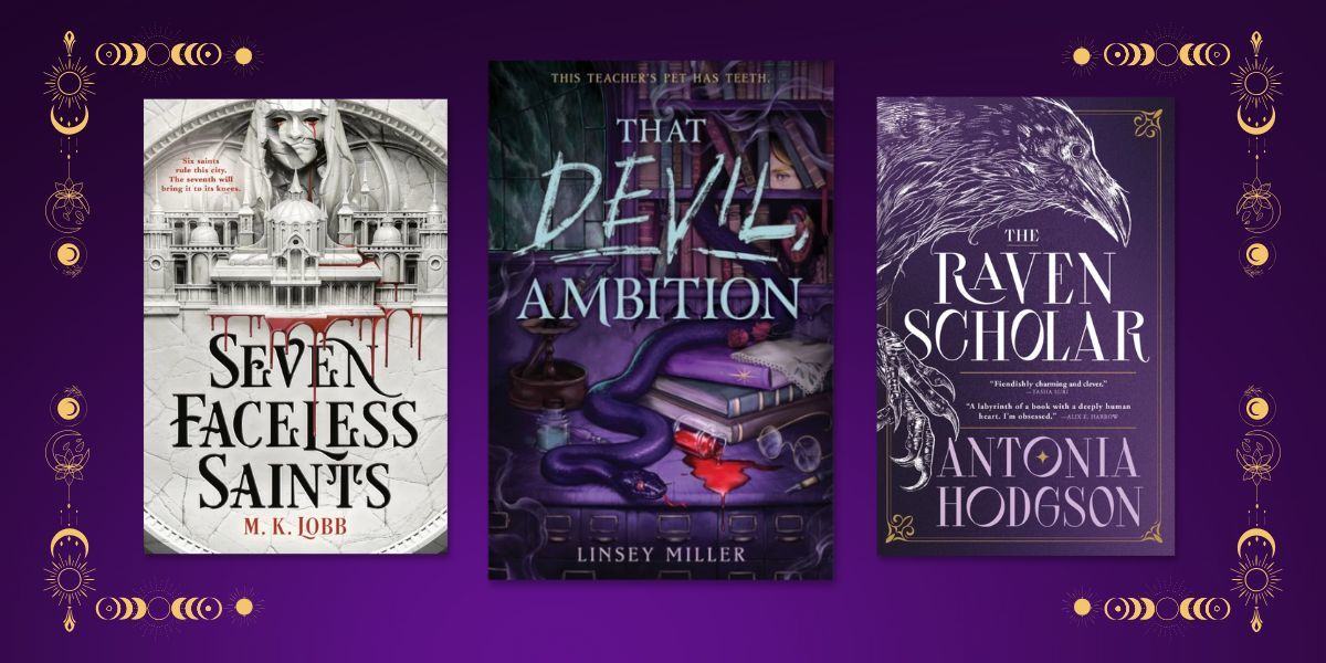 6 must-read mystery-fantasy books: Seven Faceless Saints, That Devil Ambition, Raven Scholar book covers