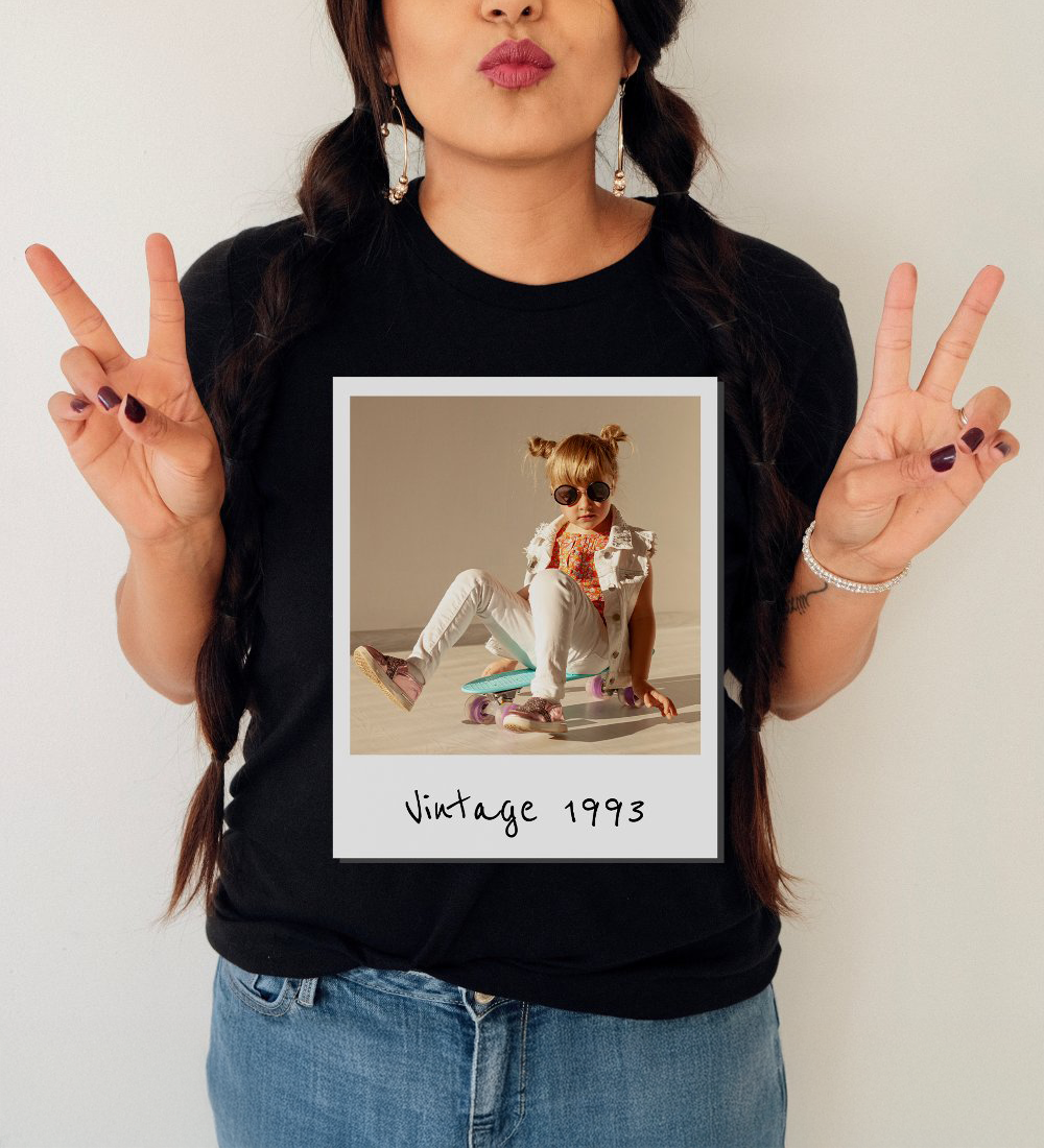 Woman wearing a custom birthday t-shirt