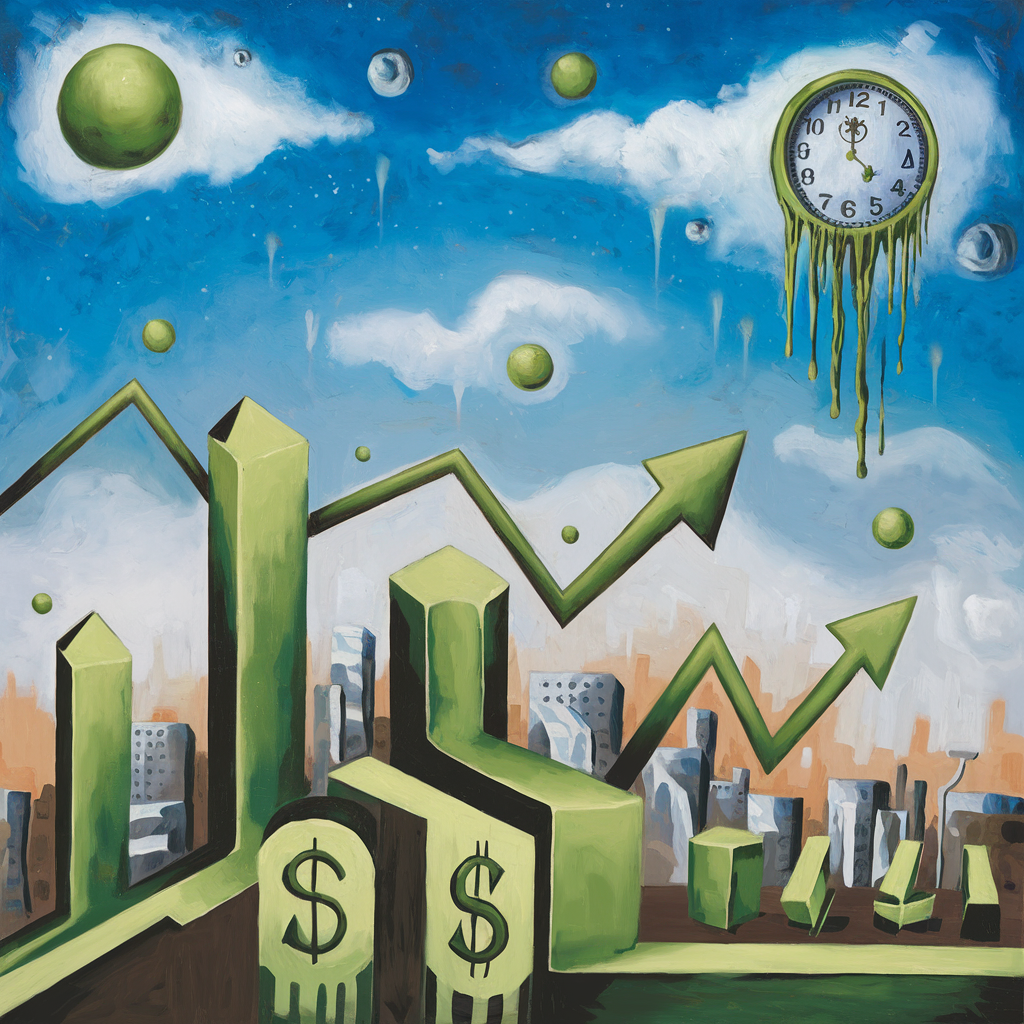 Image shows money-related images like stock charts going up and dollar signs, in the style of a Salvador Dali painting.