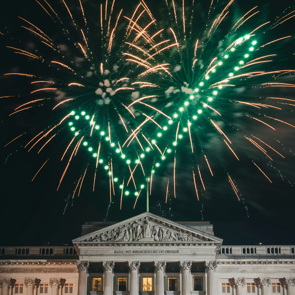 Image shows fireworks in the shape of a check mark above a bank.