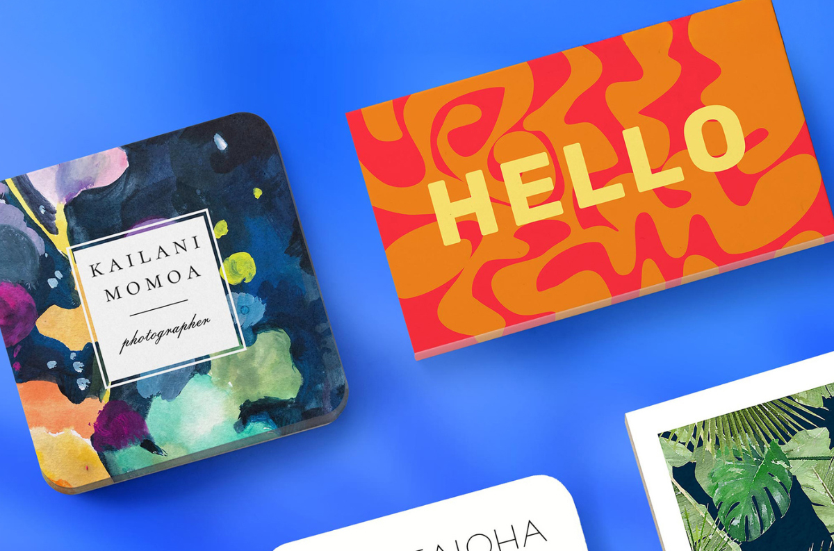 Vibrant business cards on a blue background