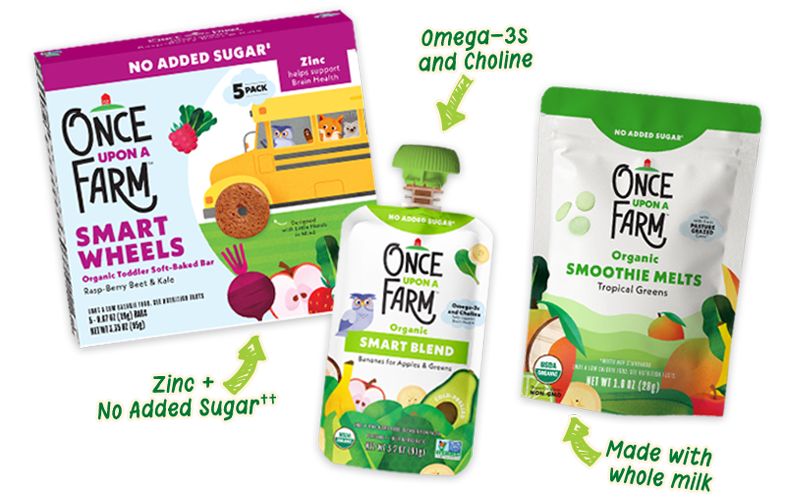 Once Upon a Farm Rasp-Berry Beet & Kale Smart Wheels, Pear-y Blueberry and Spinach Smart Blend Pouch and Tropical Greens Smoothie Melts