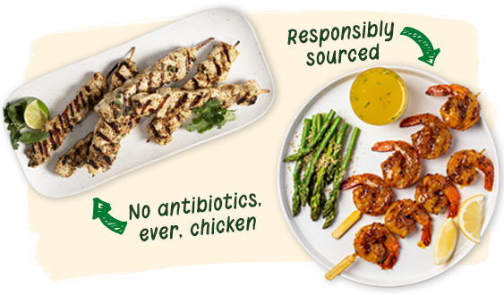 No antibiotics, ever, chicken, responsibly sourced seafood 
