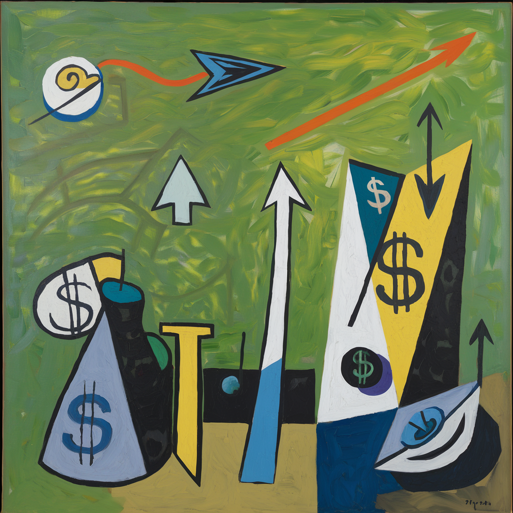 Image shows a painting in the style of Picasso that includes objects like dollar signs and stock chart arrows.