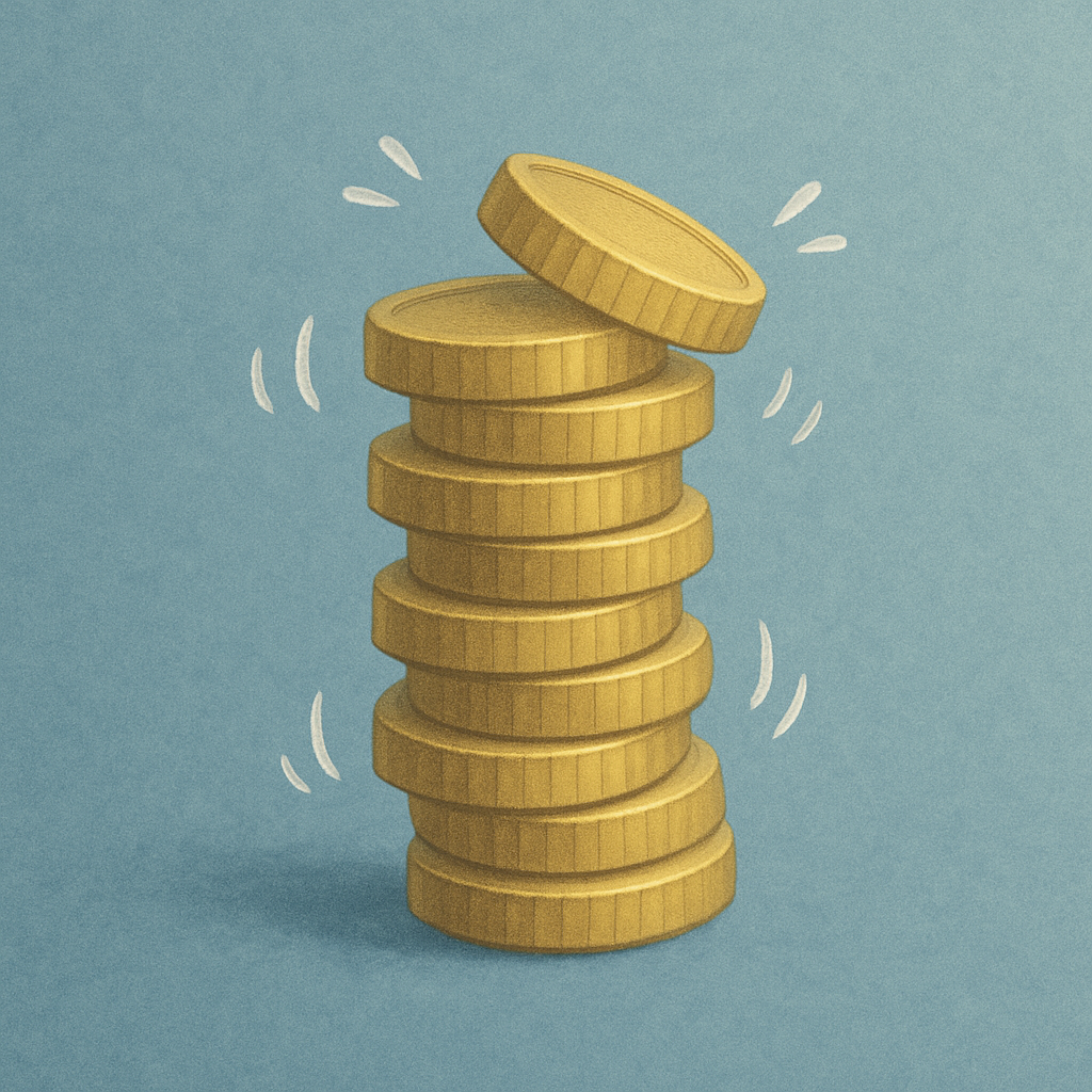 Image shows a wobbly stack of coins.