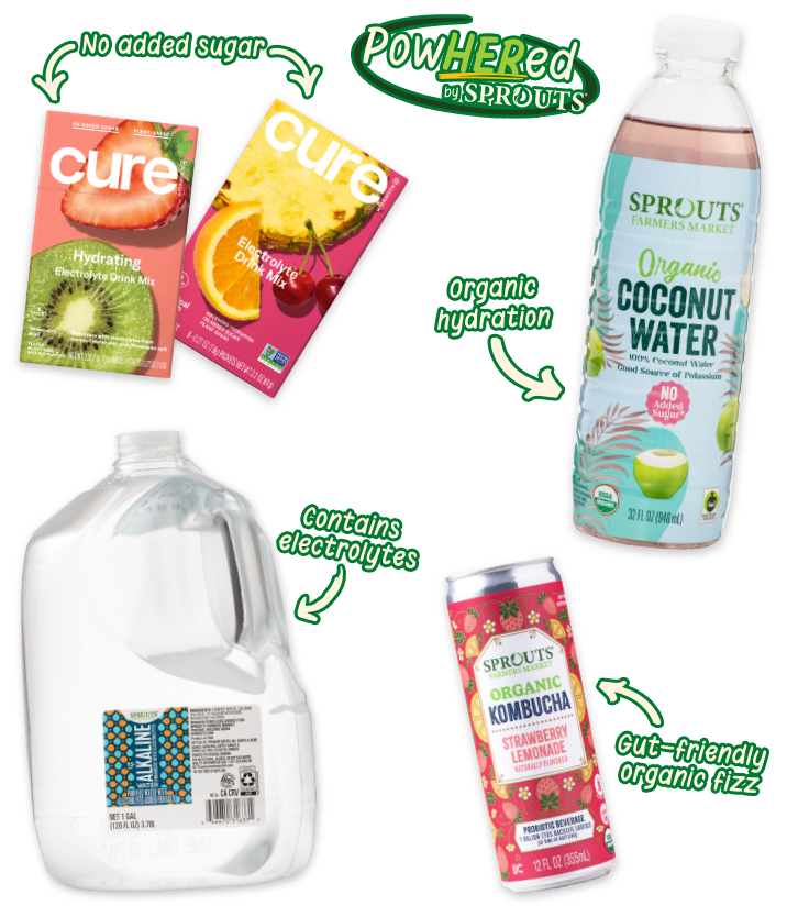 PowHERed by Sprouts: Cure Hydration Tropical Punch, Cure Hydration Strawberry Kiwi, Sprouts Organic Coconut Water, Sprouts Organic Kombucha Strawberry Lemonade, Sprouts Alkaline Water