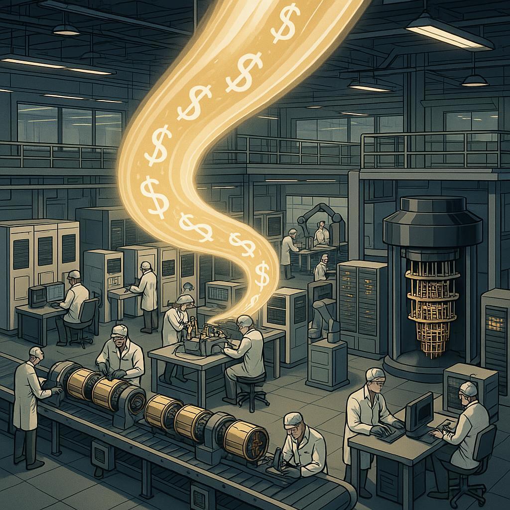 Image shows a factory with a wave of dollar signs flowing from a product being assembled.