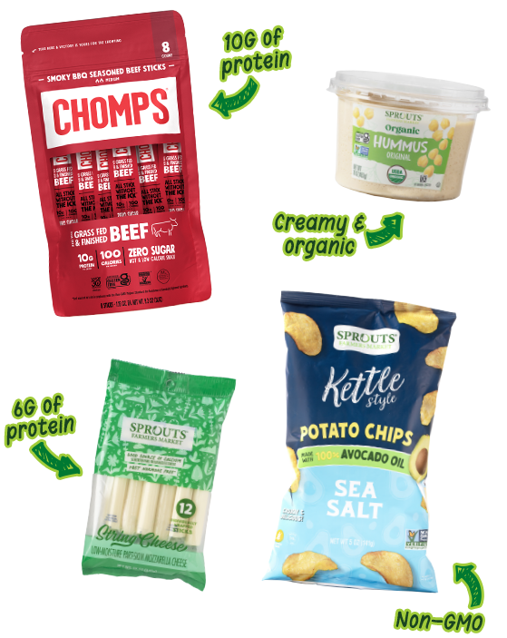 Chomps beef sticks, organic hummus, string cheese, kettle chips