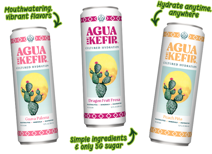 Agua de Kefir Guava Paloma, Agua de Kefir Dragon Fruit Fresa, Agua de Kefir Peach Piña