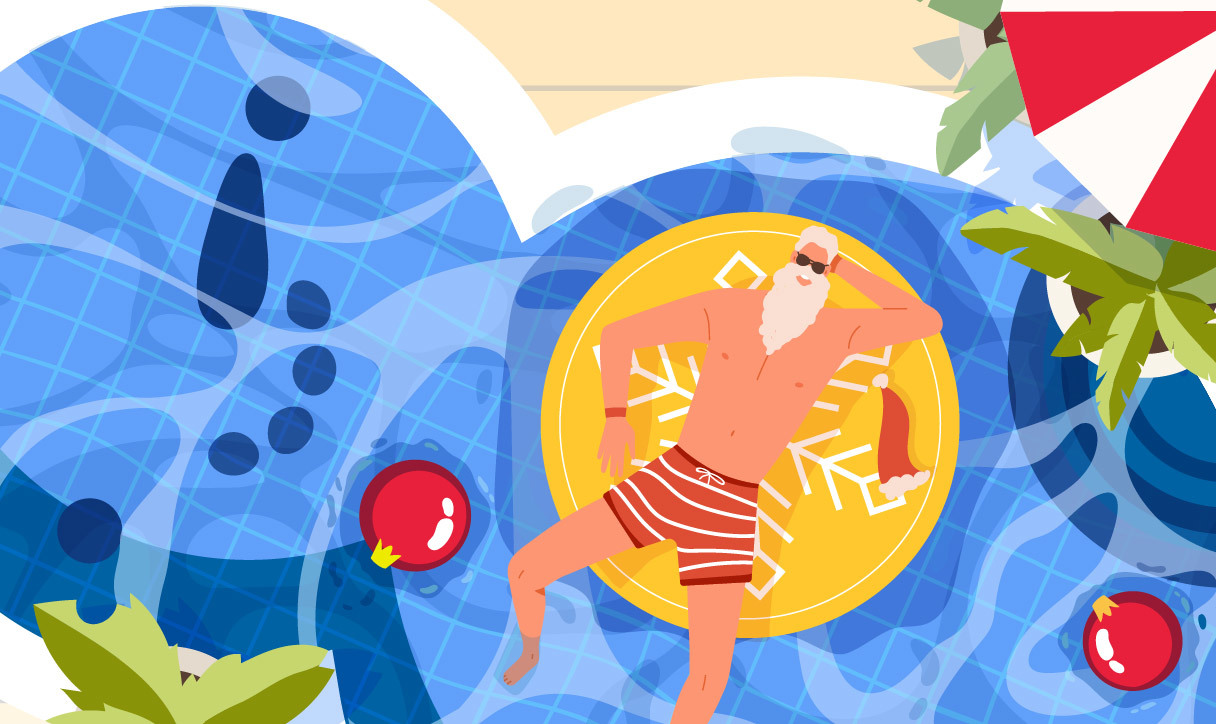 Santa relaxing in a pool