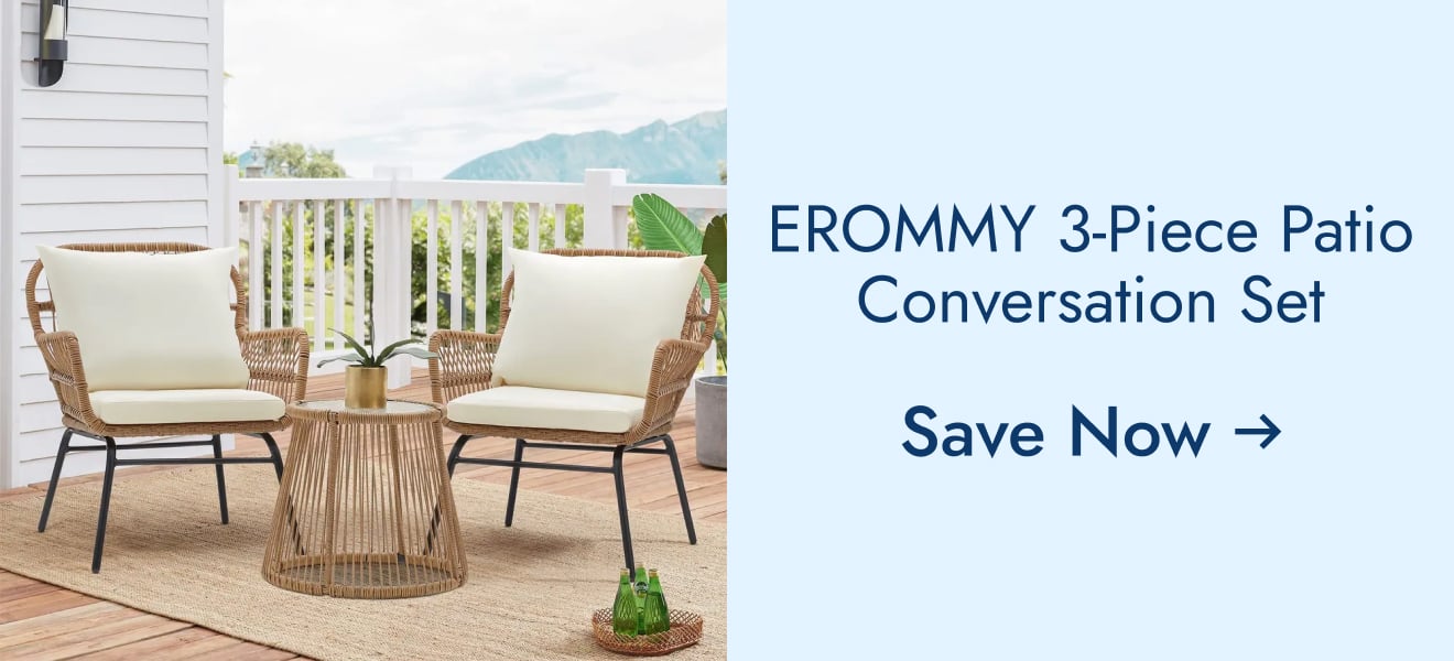 EROMMY 3-Piece Patio Conversation Set with Glass Table & 2 Armchairs, Seat Cushions